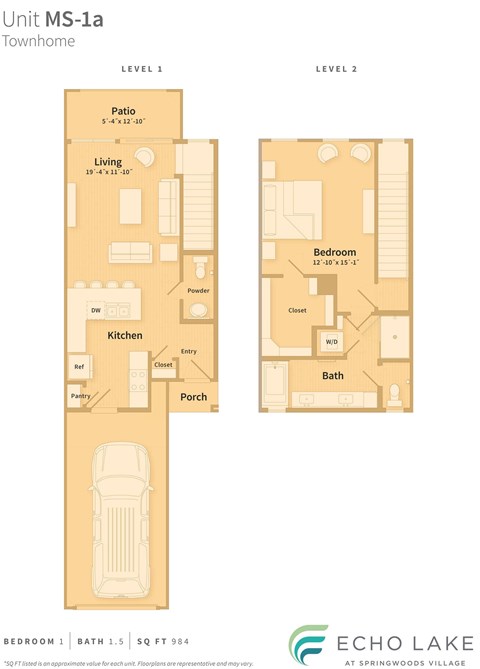 Floor plan for 1 bed, 1.5 baths, 984 sqft